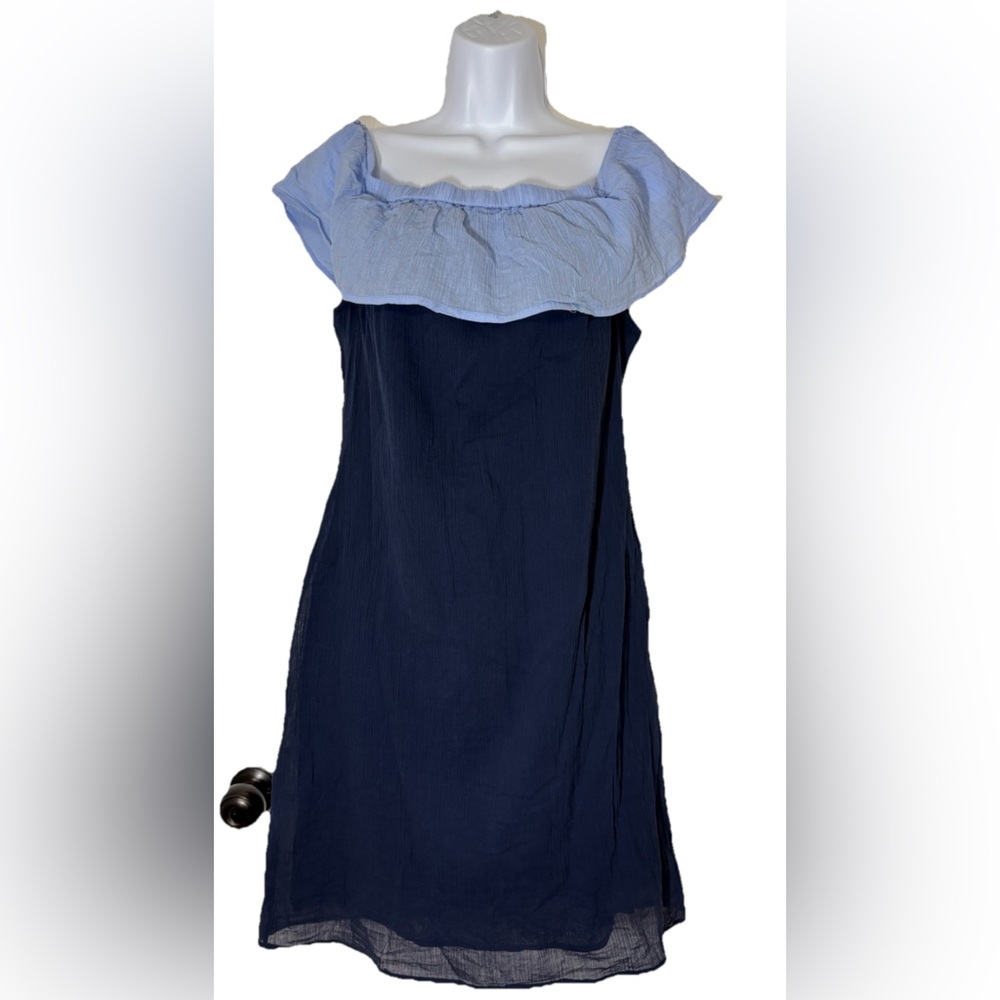 STS Sail to Sable Two Tone Blue Resortwear Beach Coastal Off Shoulder Dress Sz M